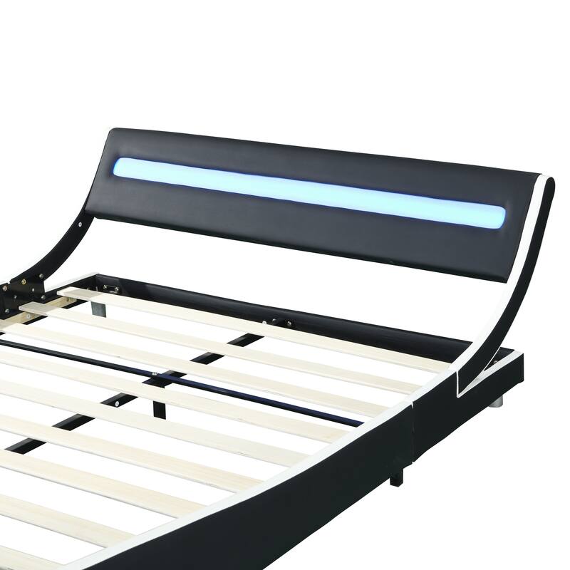 LEDLit Faux Leather Queen Size Platform Bed Modern Curve Design